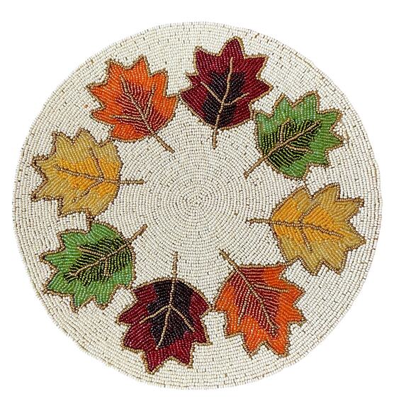 NICOLE MILLER Beaded Fall Leaves 15in Round Placemat Charger Multicolor NEW - Picture 1 of 10
